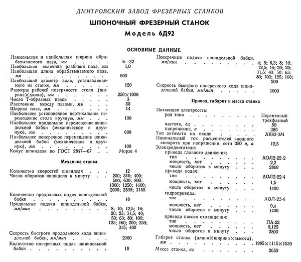 Технічні характеристики верстата 6Д92